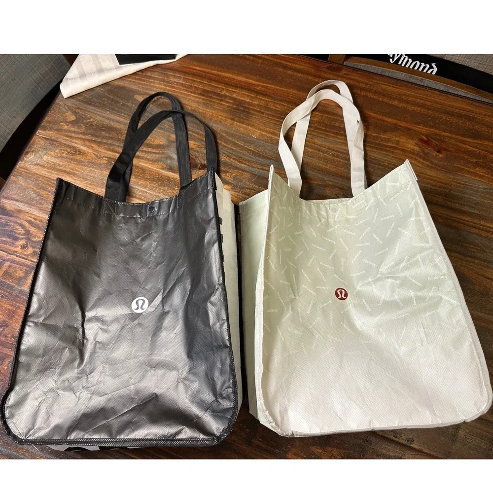 Lululemon Large Reusable Shopping Tote Bags Set of 2 Black White Cream with Logo